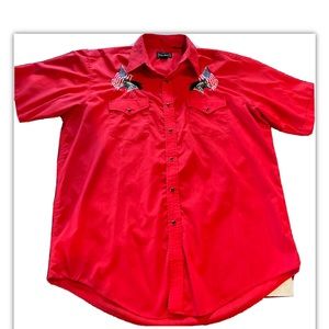 High Noon RED WESTERN Mustang Shirt MENS LARGE Pearl Snap Rodeo USA Flag Horse L